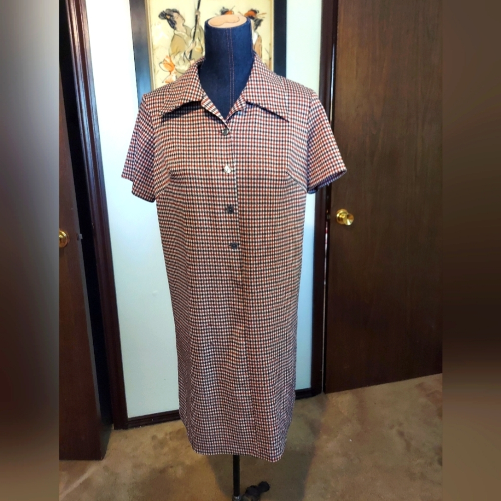 Vintage Retro Handmade Polyester Brown Plaid Shirt Dress, Medium